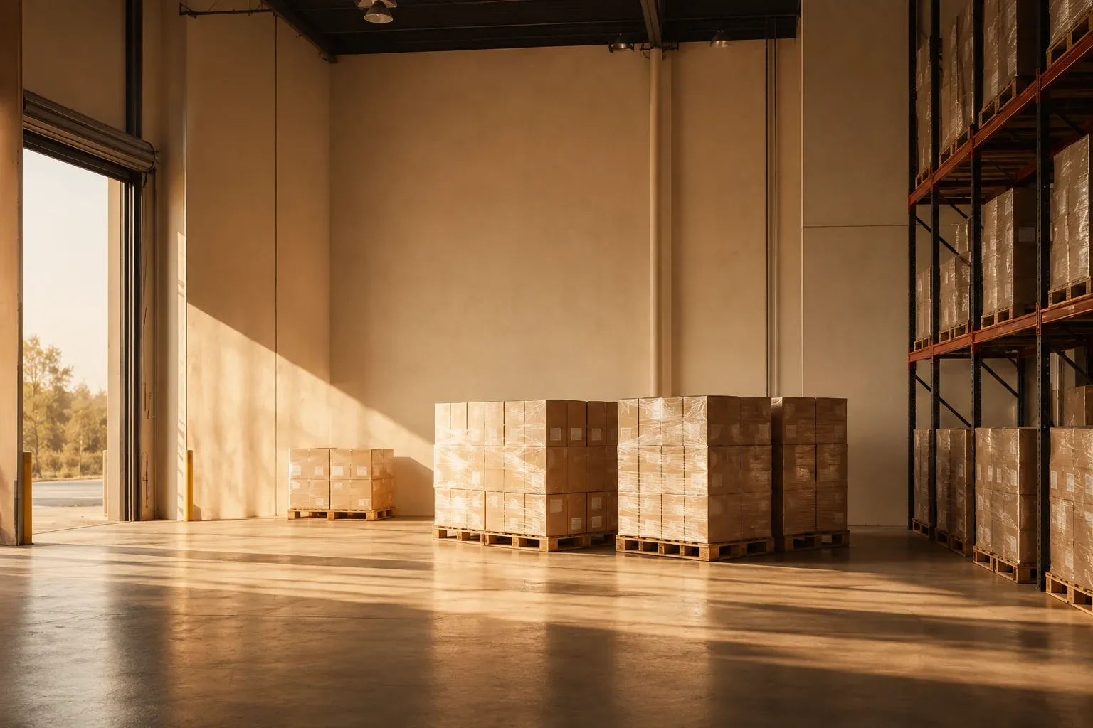 Warehouse interior with racked pallets and warm light