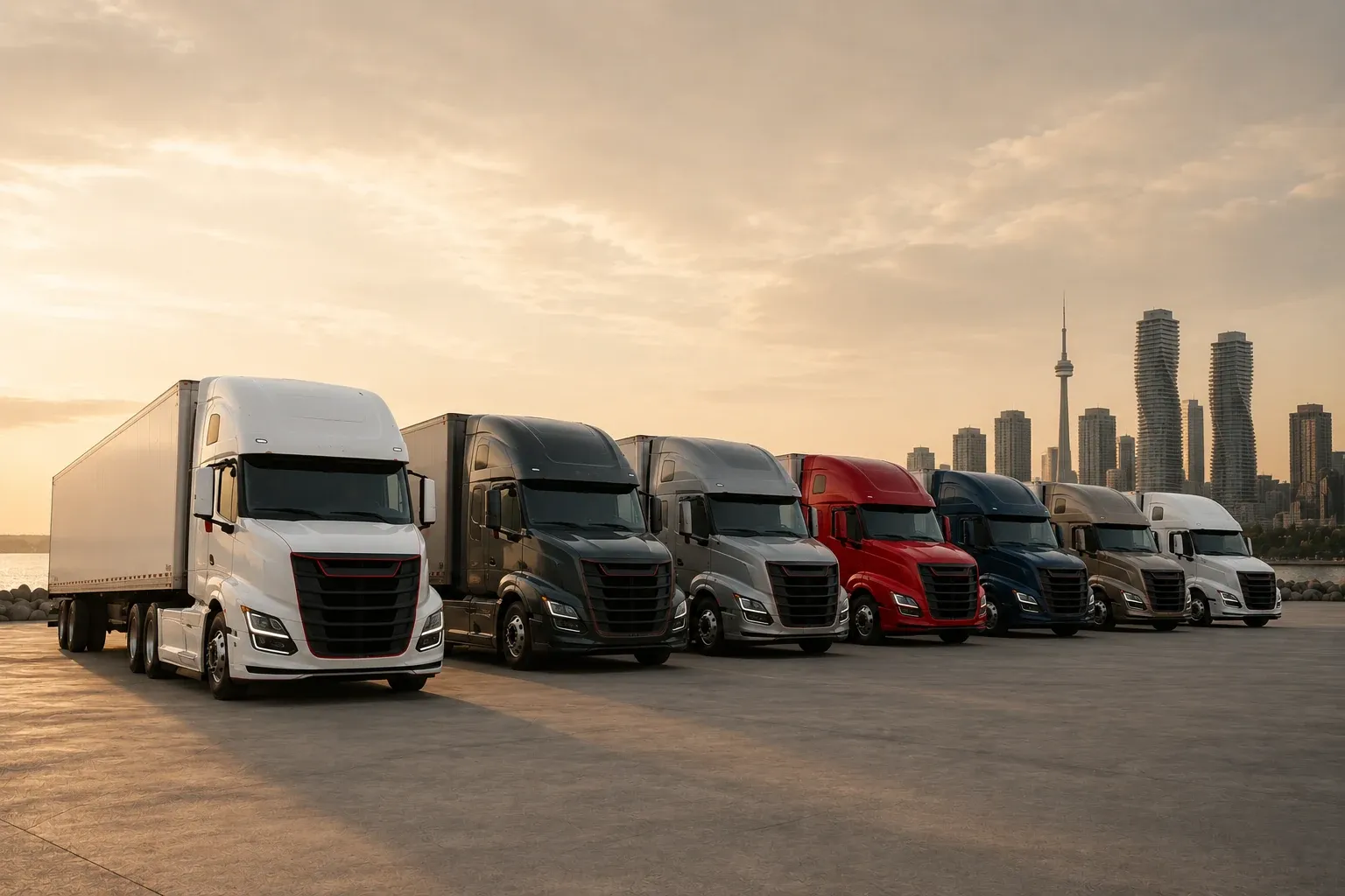 Truck 4 Delivery freight fleet on an Ontario highway at golden hour